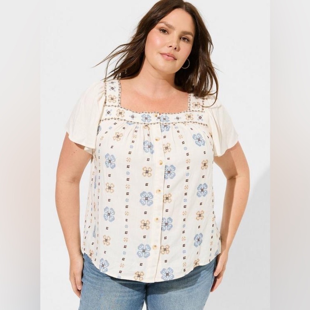 Torrid Linen Blend Embroidered Square Neck Flutter Short Sleeve Top Size 1 - Picture 2 of 11